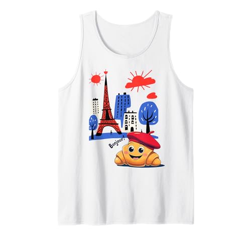 Kinder Paris Frankreich Croissant mit Baskenmütze Hello in französischen Jungen Tank Top von French Pastry Toddlers Children's Souvenirs France