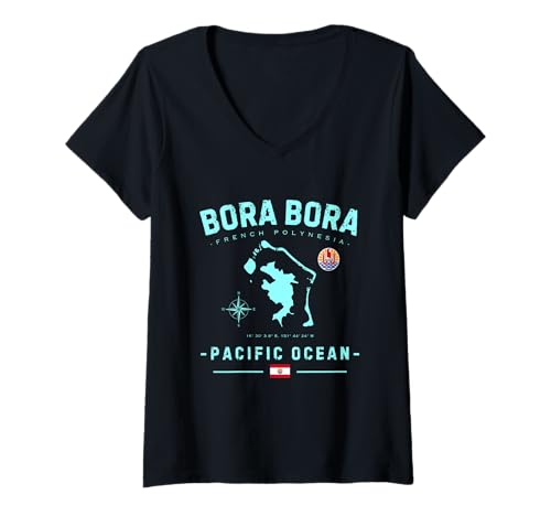 Damen Bora Bora Französisch-Polynesien Insel Urlaub Pazifik Ozean T-Shirt mit V-Ausschnitt Damen Bora Bora Französisch-Polynesien Insel Urlaub Pazifik Ozean T-Shirt mit V-Ausschnitt von French Polynesian Flag GPS Tropical Souvenirs
