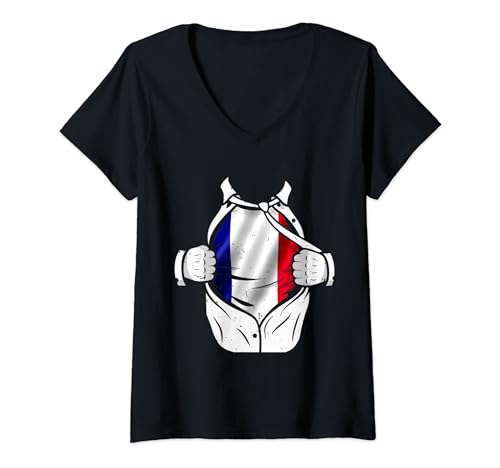 Damen Superhelden-Flagge, Grafik I Love France Designers T-Shirt mit V-Ausschnitt von French Pride Soccer Home Gift Tee