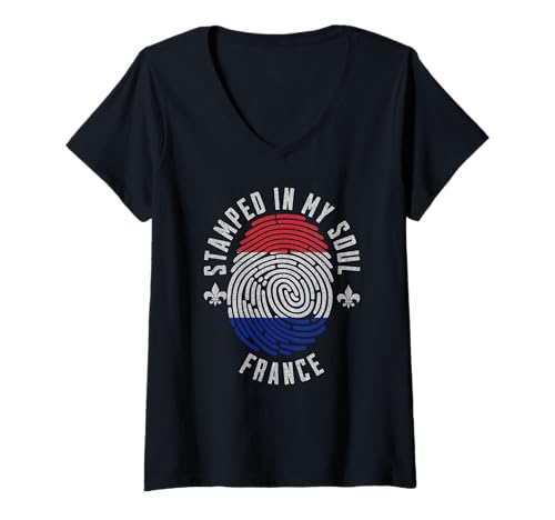 Damen Gestempelt mit My Soul Frankreich-Flagge, französischer Stolz T-Shirt mit V-Ausschnitt Damen Gestempelt mit My Soul Frankreich-Flagge, französischer Stolz T-Shirt mit V-Ausschnitt von French Pride Stamped in My Soul France