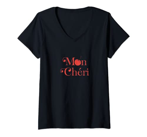 Damen Süße Kirsche Mon Cheri Frankreich Spruch Reise T-Shirt mit V-Ausschnitt von French Quarter Tees