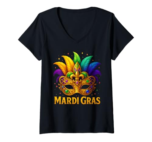 Damen Karnevalsmaske mit Federn, Perlen, Partyumzug T-Shirt mit V-Ausschnitt Damen Karnevalsmaske mit Federn, Perlen, Partyumzug T-Shirt mit V-Ausschnitt von French Quarters
