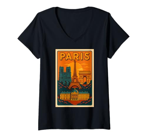 Damen Paris Frankreich Sehenswürdigkeiten Vintage Reiseposter T-Shirt mit V-Ausschnitt Damen Paris Frankreich Sehenswürdigkeiten Vintage Reiseposter T-Shirt mit V-Ausschnitt von French Retro City