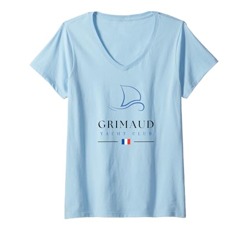 Damen Grimaud Yachtclub Marina Côte D'Azur Frankreich Segeln T-Shirt mit V-Ausschnitt Damen Grimaud Yachtclub Marina Côte D'Azur Frankreich Segeln T-Shirt mit V-Ausschnitt von French Riviera Grimaud Sailor Skipper Souvenirs