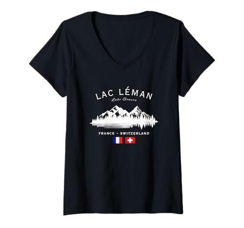 Damen Lac Léman See Genf Frankreich Schweiz Französisch Schweiz Flagge T-Shirt mit V-Ausschnitt von French Swiss Alps Lakes Mountain Resort Souvenir