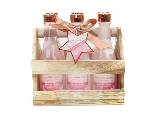 French Tendance - Körper- und Bade-Set – Geschenk für Damen – Holzkorb mit 6 Flaschen: 2 Gels, 1 Brausepulver, 1 Creme und 2 Salze – Kirschblütenduft – Rose Gold Edition von French Tendance
