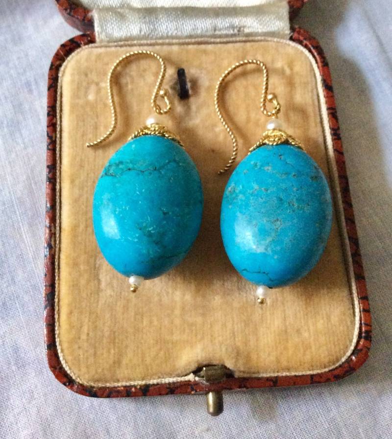 Echte Türkis-Samenperlen-Gold/sterling-Vintage-Ohrringe - Natursteine Atemberaubendes Vintage-Design Juwel Aus Frankreich Echte Türkis-Samenperlen-Gold/sterling-Vintage-Ohrringe - Natursteine Atemberaubendes Vintage-Design Juwel Aus Frankreich von FrenchBoutikVintage