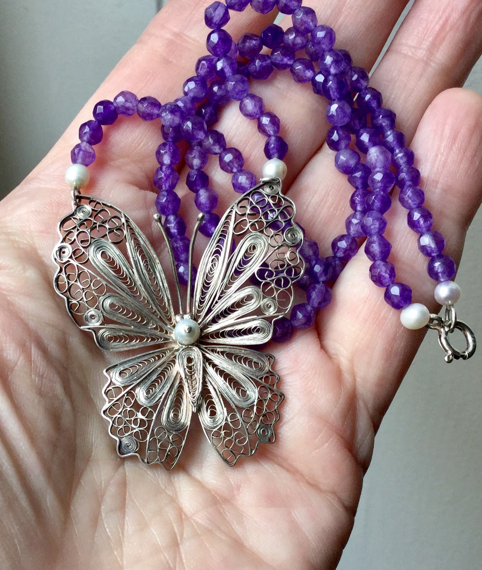 Schmetterling Echte Amethystperle Sterling Vintage Halskette - Perle/Stein Elegantes Filigran Silber Aus Frankreich Schmetterling Echte Amethystperle Sterling Vintage Halskette - Perle/Stein Elegantes Filigran Silber Aus Frankreich von FrenchBoutikVintage