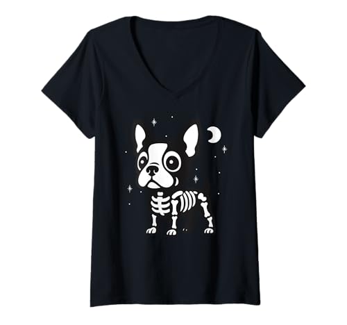 Damen Französische Bulldogge, Skelett, Halloween, Tierliebhaber, Mutter, Vater, Kinder T-Shirt mit V-Ausschnitt Damen Französische Bulldogge, Skelett, Halloween, Tierliebhaber, Mutter, Vater, Kinder T-Shirt mit V-Ausschnitt von FrenchBulldogAxis1