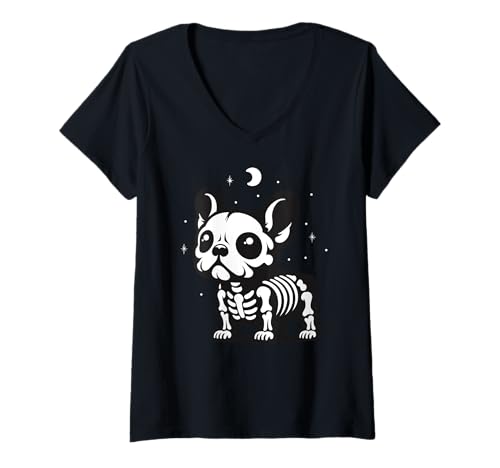 Damen Französische Bulldogge Skelett Halloween Tierliebhaber Mama Papa T-Shirt mit V-Ausschnitt Damen Französische Bulldogge Skelett Halloween Tierliebhaber Mama Papa T-Shirt mit V-Ausschnitt von FrenchBulldogAxis1