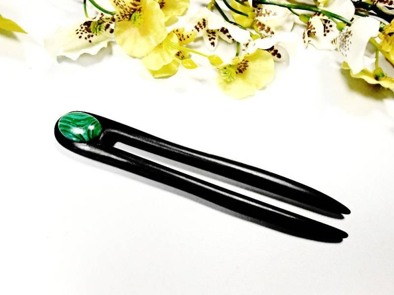 Hölzerne Haar Gabel Stick Malachit Edelstein Geschnitzte Ebenholz Holz Naturhaar Zubehör Dunkel Grünen Brötchen Halter Maker Pin Kamm Pick von FrenchGirlsShop