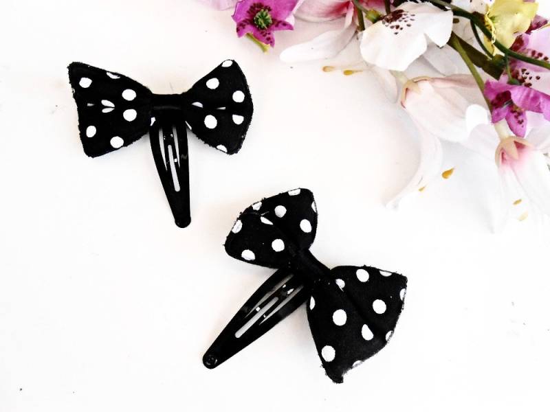 Karabinerhaken Haarspange Set 2 Stück Schwarz Weiß Gepunkteten Schleife Stoff Folie Pin Fransen Clips Frauen Mädchen Geschenk Metall Bun Halter von FrenchGirlsShop