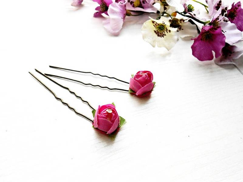 Rose Haar Pin Set 2 Pc Bobby Folie Pins Blumenstoff Rosa Seide Blume Hochzeit Braut Frisur Zubehör Dekoration Schmuck Ornamente von FrenchGirlsShop