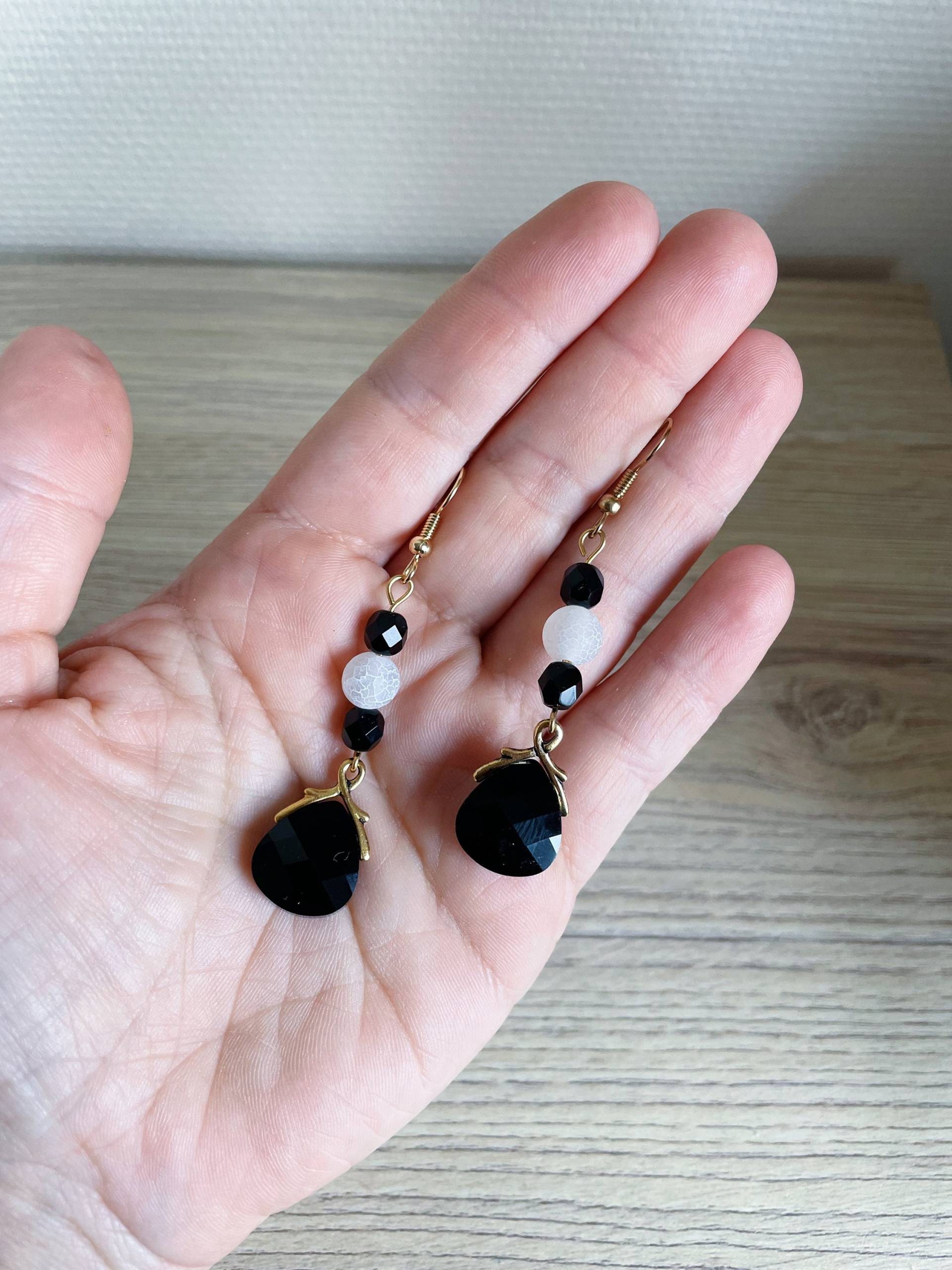 Briolette-Ohrringe Aus Swarovski-Kristallen - Schwarz Und Weiß Gebrochene Weiße Achatperlen von FrenchTouchJewelry