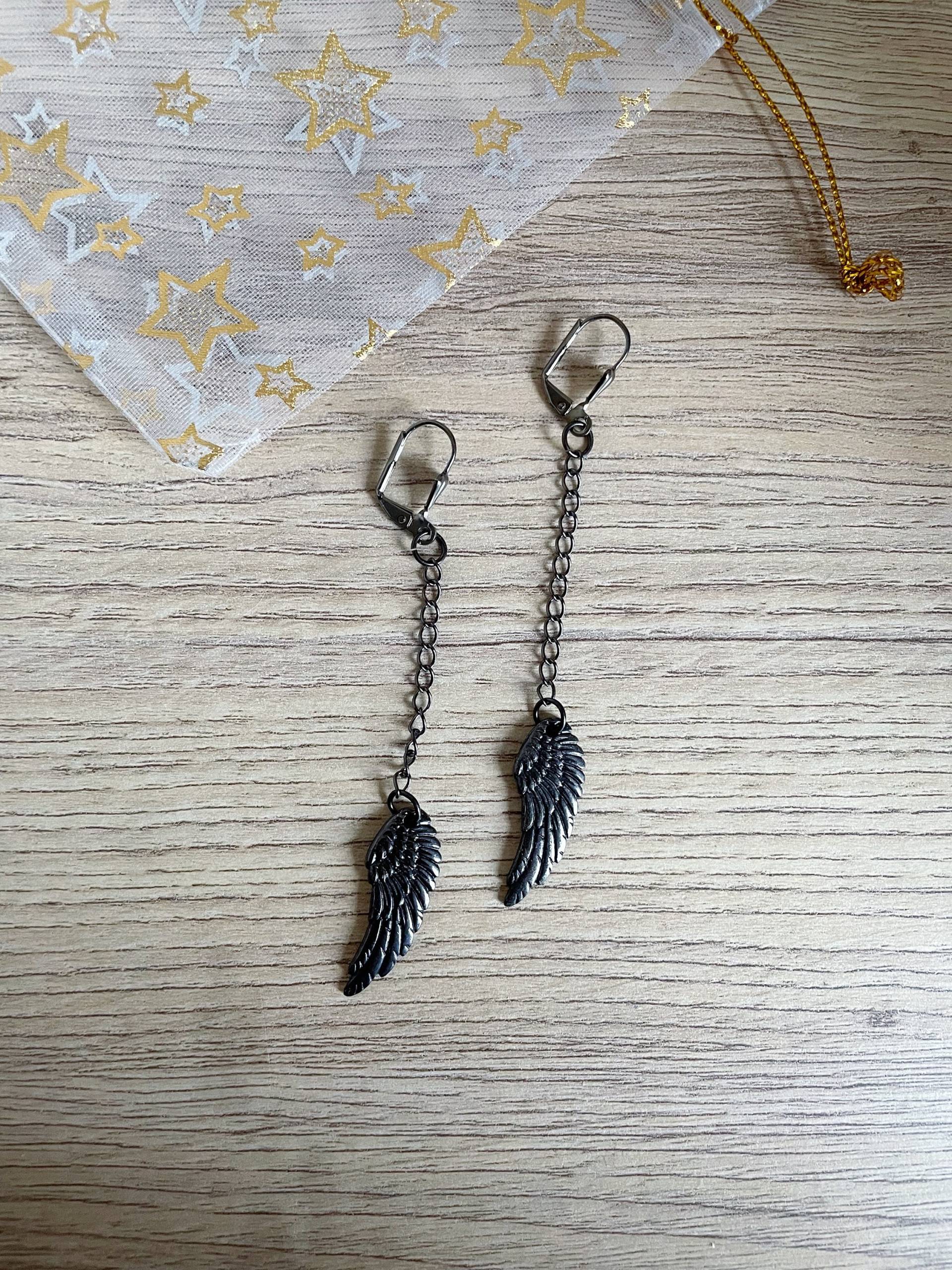 Gothic-Ohrringe Von Black Angel, Schwarze Flügel Aus Rotguss, Kette von FrenchTouchJewelry
