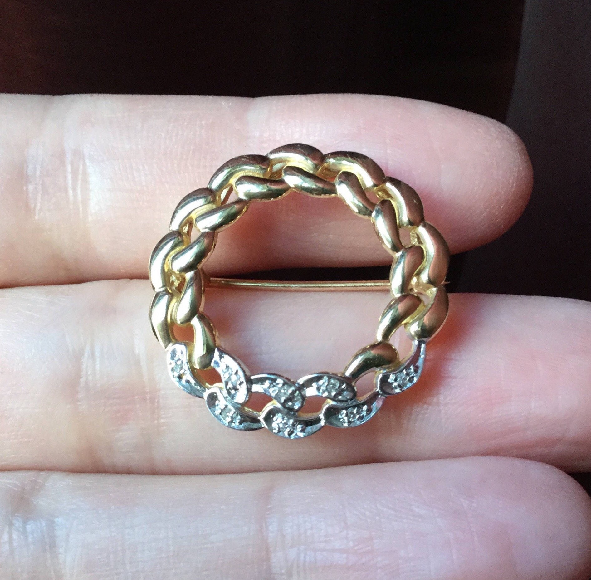 14K Gold Echter Diamant Vintage Brosche - Weiß/Gelb Gold Natürlicher 8 Diamant 585Er Punze Luxusschmuck Aus Frankreich von FrenchVintageBoutik