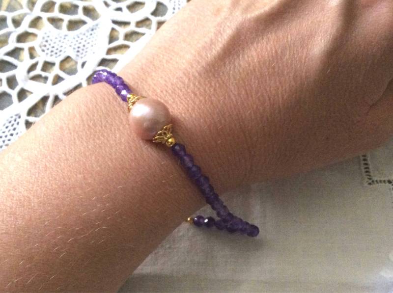 Amethyst Echte Rosa Perle Vintage Armband - Natürliche Perle Gold/sterling Silber Einzigartiges Design Schmuck Aus Frankreich von FrenchVintageBoutik