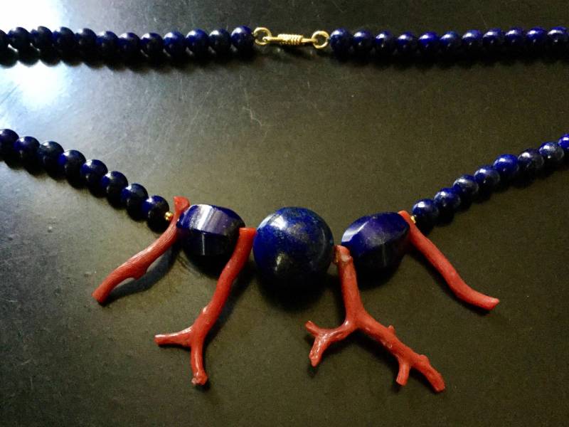 Art Deco Lapis Koralle Gold & Sterling Vintage Halskette-Echter Blauer Lapis -Natürliche Rote Koralle - Vermeil -Unikat Schmuck Aus Frankreich von FrenchVintageBoutik