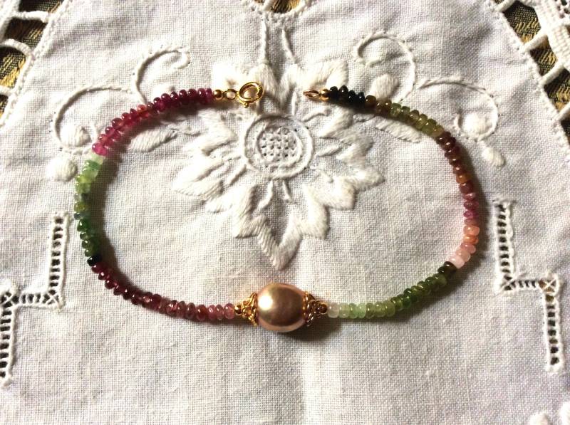 Turmalin Rosa Perle Gokd/sterling Vintage Armband - Wunderschöne Rosa Perle Mehrfarbiger Turmalin Design Aus Frankreich von FrenchVintageBoutik