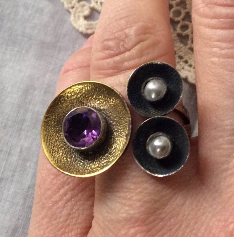 Vintage Modernist Amethyst Pearl Vermeil Ring - Sterling Silber - Echte Perle, Amethyst - Schönes Design - Design Aus Frankreich von FrenchVintageBoutik