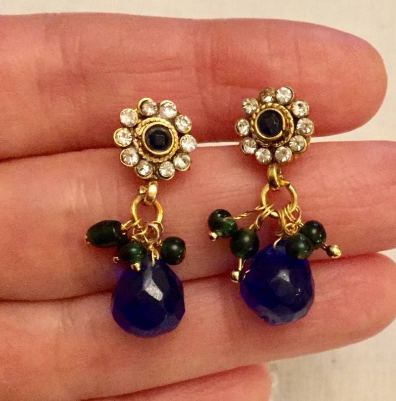 Vintage Vergoldete Strass Ohrringe - Blau & Weiß Original Schöner Design-Schmuck Aus Frankreich von FrenchVintageBoutik