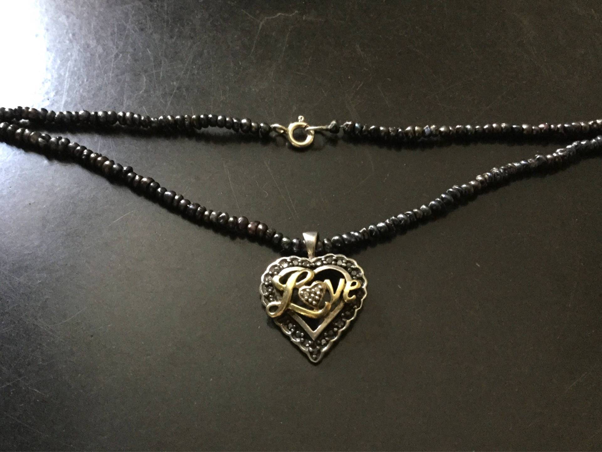 Schwarze Saatperle Echter Diamant Vintage Halskette - „Love" Sterling, Vermeil Schwarzer Und Weißer Echter Diamant Design Aus Frankreich Schwarze Saatperle Echter Diamant Vintage Halskette - „Love" Sterling, Vermeil Schwarzer Und Weißer Echter Diamant Design Aus Frankreich von FrenchVintageJewel