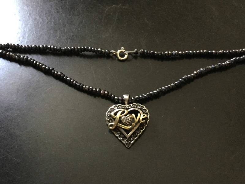 Schwarze Saatperle Echter Diamant Vintage Halskette - „Love" Sterling, Vermeil Schwarzer Und Weißer Echter Diamant Design Aus Frankreich von FrenchVintageJewel
