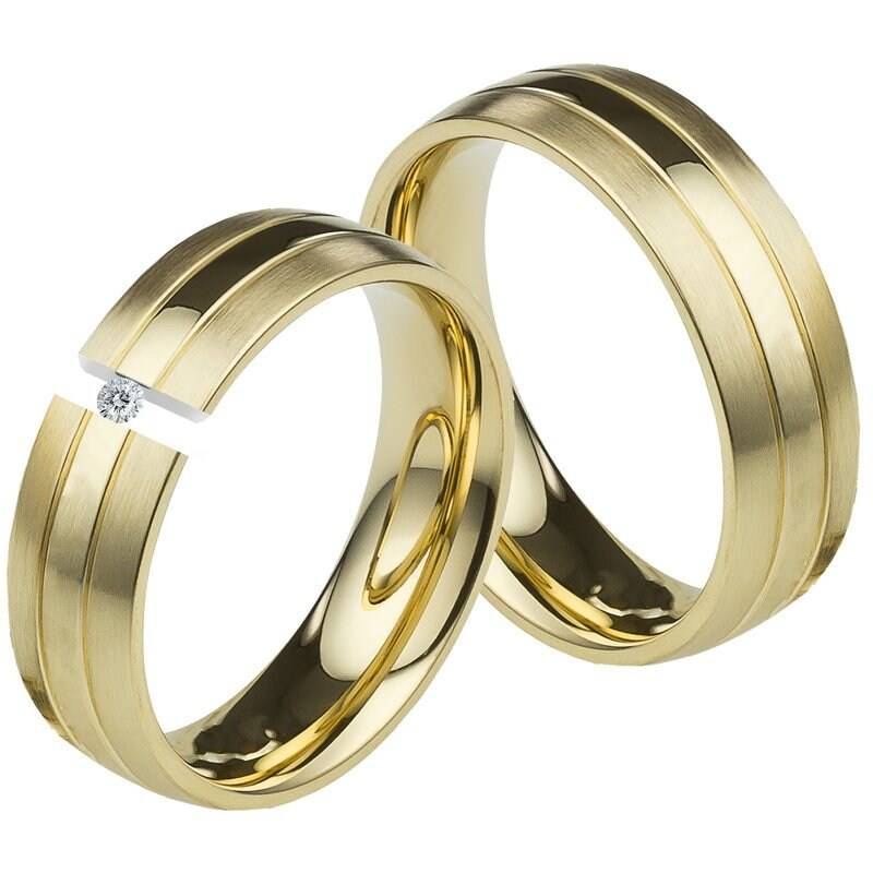 Eheringe Gold Set Trauringe Gold Edelstahl Mit Diamant Gold Couple Wedding Rings With Diamond Vintage Hochzeit Ringe Paarringe von Frencheis