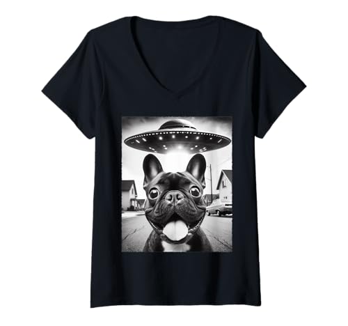 Damen Lustiger UFO Französische Bulldogge Selfie Alien Begegnung Hund T-Shirt mit V-Ausschnitt Damen Lustiger UFO Französische Bulldogge Selfie Alien Begegnung Hund T-Shirt mit V-Ausschnitt von Frenchie Alien Chronicles Retro