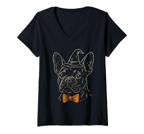 Damen Spooky Frenchie Halloween Bulldogge mit Hexenhut und Fliege T-Shirt mit V-Ausschnitt Damen Spooky Frenchie Halloween Bulldogge mit Hexenhut und Fliege T-Shirt mit V-Ausschnitt von Frenchie Gentleman by Christine-Krahl
