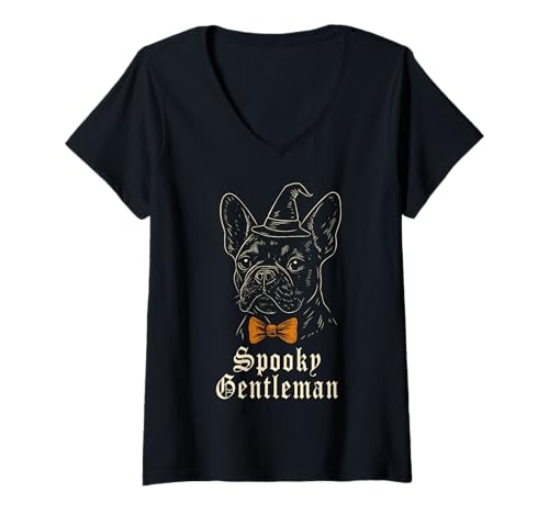 Damen Spooky Frenchie Halloween Bulldogge mit Hexenhut und Fliege T-Shirt mit V-Ausschnitt Damen Spooky Frenchie Halloween Bulldogge mit Hexenhut und Fliege T-Shirt mit V-Ausschnitt von Frenchie Gentleman by Christine-Krahl