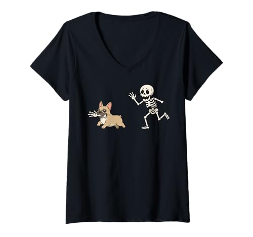 Damen Französische Bulldogge Skelett Hand Halloween T-Shirt mit V-Ausschnitt Damen Französische Bulldogge Skelett Hand Halloween T-Shirt mit V-Ausschnitt von Frenchie Halloweenkostüm Lustig