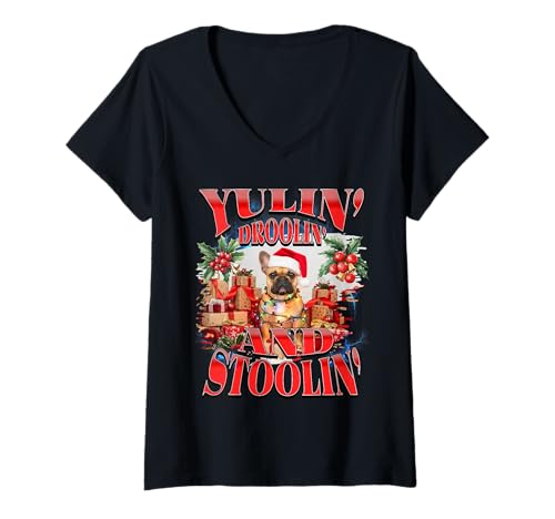 Damen Yulin Sabber und Hocker Lustige Französische Bulldogge Weihnachten T-Shirt mit V-Ausschnitt Damen Yulin Sabber und Hocker Lustige Französische Bulldogge Weihnachten T-Shirt mit V-Ausschnitt von Frenchie Holiday Humor Joke