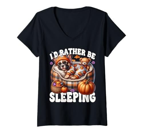 Damen Cute Fall Frenchie for Cozy Season Id Rather Be Sleeping T-Shirt mit V-Ausschnitt Damen Cute Fall Frenchie for Cozy Season Id Rather Be Sleeping T-Shirt mit V-Ausschnitt von Frenchie Lover Gifts For French Bulldog Lovers