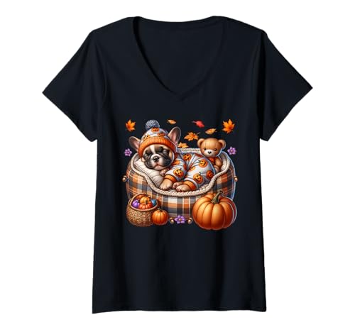Damen Fall Frenchie Dog with Autumn Vibes French Bulldog Puppy T-Shirt mit V-Ausschnitt Damen Fall Frenchie Dog with Autumn Vibes French Bulldog Puppy T-Shirt mit V-Ausschnitt von Frenchie Lover Gifts For French Bulldog Lovers