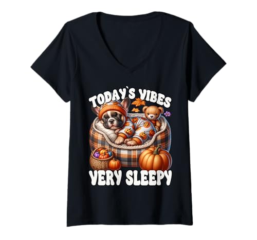 Damen Fall Saying French Bulldog Dog for Frenchie Dad Autumn Sleep T-Shirt mit V-Ausschnitt Damen Fall Saying French Bulldog Dog for Frenchie Dad Autumn Sleep T-Shirt mit V-Ausschnitt von Frenchie Lover Gifts For French Bulldog Lovers
