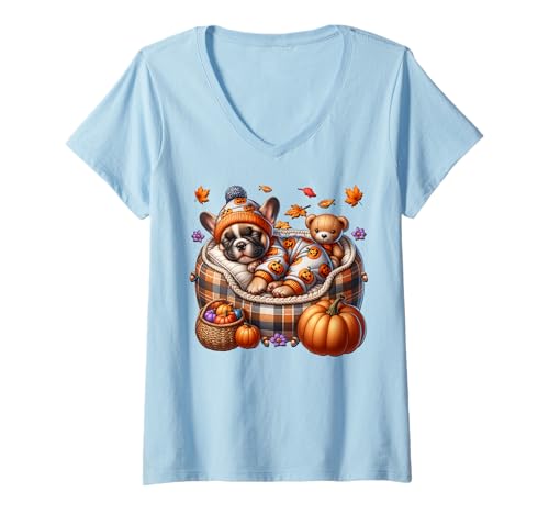 Damen French Bulldog Halloween Fall Pumpkin for Frenchie Grandma T-Shirt mit V-Ausschnitt Damen French Bulldog Halloween Fall Pumpkin for Frenchie Grandma T-Shirt mit V-Ausschnitt von Frenchie Lover Gifts For French Bulldog Lovers