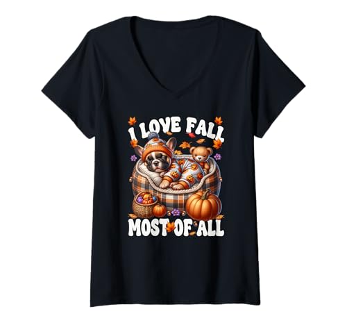 Damen French Bulldog for Women with Autumn-Sayings Fall Frenchie T-Shirt mit V-Ausschnitt Damen French Bulldog for Women with Autumn-Sayings Fall Frenchie T-Shirt mit V-Ausschnitt von Frenchie Lover Gifts For French Bulldog Lovers