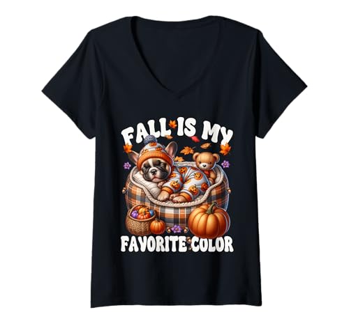 Damen Frenchie Dog Mom Saying for Women Fall is My Favorite Color T-Shirt mit V-Ausschnitt Damen Frenchie Dog Mom Saying for Women Fall is My Favorite Color T-Shirt mit V-Ausschnitt von Frenchie Lover Gifts For French Bulldog Lovers