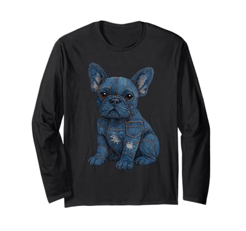 Aufnäher im Denim-Design mit französischem Bulldoggenwelpen Langarmshirt von Frenchie Lovers Vintage Denim Patch Apparel Co