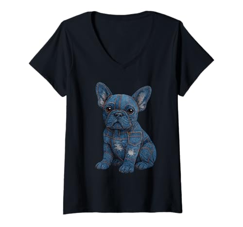 Damen Aufnäher im Denim-Design mit französischem Bulldoggenwelpen T-Shirt mit V-Ausschnitt von Frenchie Lovers Vintage Denim Patch Apparel Co