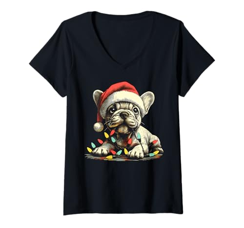 Damen Französische Bulldogge Kauspielzeug Weihnachtslicht Frenchie Xmas Holiday T-Shirt mit V-Ausschnitt von Frenchie Mom Dad Dog Chew Wire Cable Cord Design