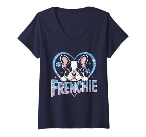 Damen Frenchie Frauchen Hunde Geschenkidee Französische Bulldogge T-Shirt mit V-Ausschnitt Damen Frenchie Frauchen Hunde Geschenkidee Französische Bulldogge T-Shirt mit V-Ausschnitt von Frenchie Sprüche & Geschenke für Bulldoggen-Fans
