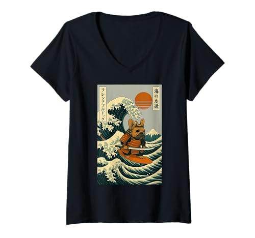 Damen Französische Bulldogge Samurai Surfen Japanische Welle T-Shirt mit V-Ausschnitt Damen Französische Bulldogge Samurai Surfen Japanische Welle T-Shirt mit V-Ausschnitt von Frenchie Surfer Große Welle Katana Anime Kawaii