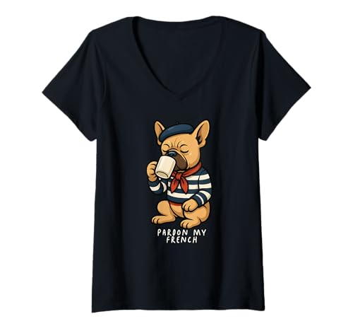 Damen Lustige Pardon Französische Bulldogge Frenchie Hund Kaffee Mama Papa Kinder T-Shirt mit V-Ausschnitt Damen Lustige Pardon Französische Bulldogge Frenchie Hund Kaffee Mama Papa Kinder T-Shirt mit V-Ausschnitt von FrenchieAxis1