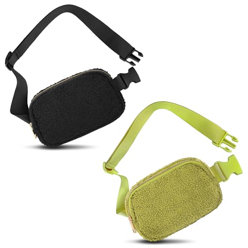 Frenou Taillengürteltasche Mode Fanny Frauen Hüfttasche Mit Verstellbarem Gurt Für Reisen Laufen Wandern Gehen, Fleece Gürteltasche Schwarz+Grasgrün, 2 Packungen Fleece-Bauchtasche von Frenou