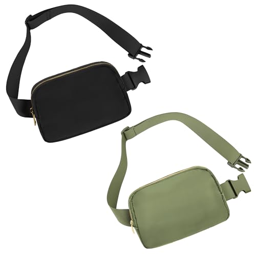 Frenou Hüftgürteltasche, modische Bauchtasche für Damen und Herren, Geschenk, Hüfttasche mit verstellbarem Riemen für Reisen, Laufen, Wandern, Spazierengehen, Schwarz + Khaki-Grün, 2er-Pack von Frenou