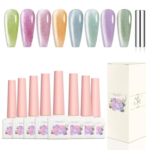 Adhere 8Pcs 12ML Transparent Süßigkeiten Kristall Cat Eye Nagellack Kit Mit Magnet - Gelee Farbe Schmuck Serie Polish - Einweichen Von Led Nail Art Maniküre Salon DIY Geschenke von Frenshion
