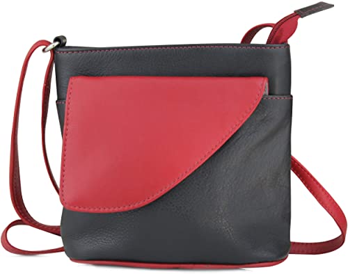 Frentree Umhängetasche, Kleine Ledertasche in schwarz-rot, Tasche mit Handyfach, verstellbarer Gurt, Reißverschluss, Echtleder Schultertasche für Frauen von Frentree