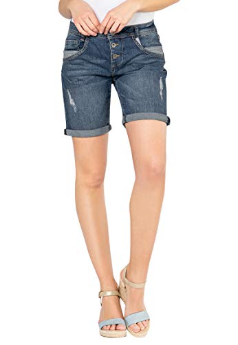 FRESH MADE Damen Boyfriend Jeans Bermuda-Shorts im Used Look Dark-Blue M von FRESH MADE